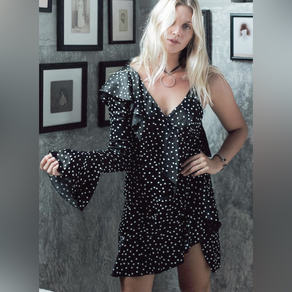 Shakuhachi Spot On One Sleeve Ruffle Polka Dot Mini Dress XS